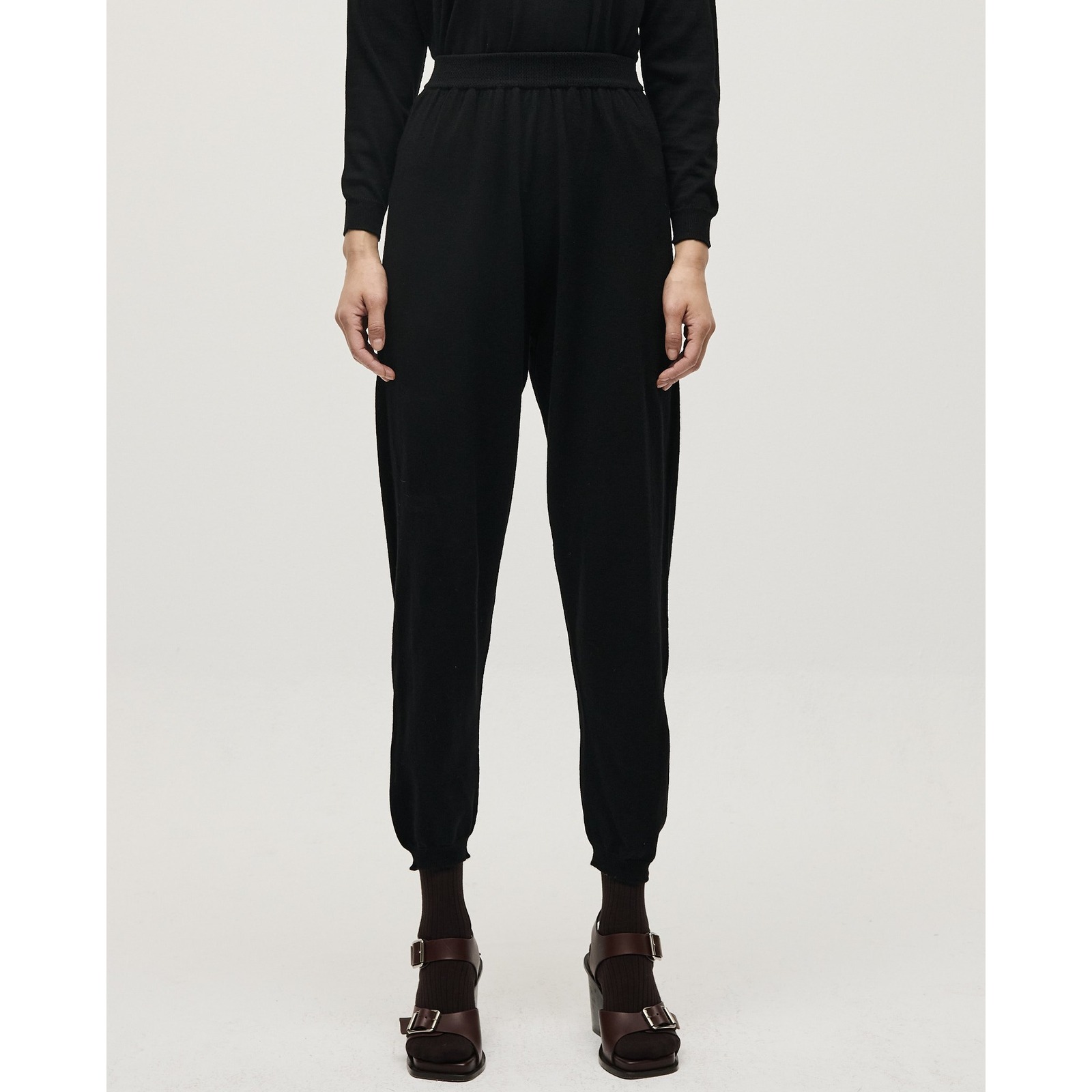 Babaa No25 Black Knit Jogger Pants Trouser High Rise Waistband Tapered Wool